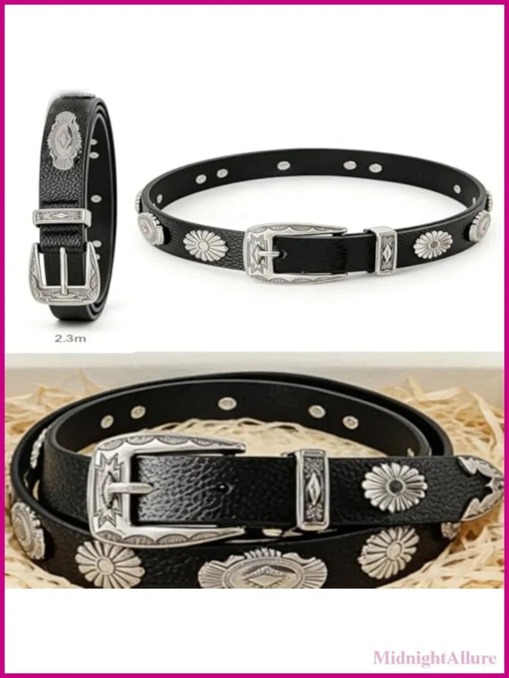 Western Cowboy Faux-Leather Belt Oval-Disc Cowgirl Waist